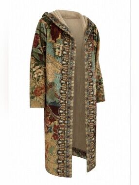 Johnny Was Multicolor Floral Patchwork Hooded Trench Coat Large Bohemian Cozy